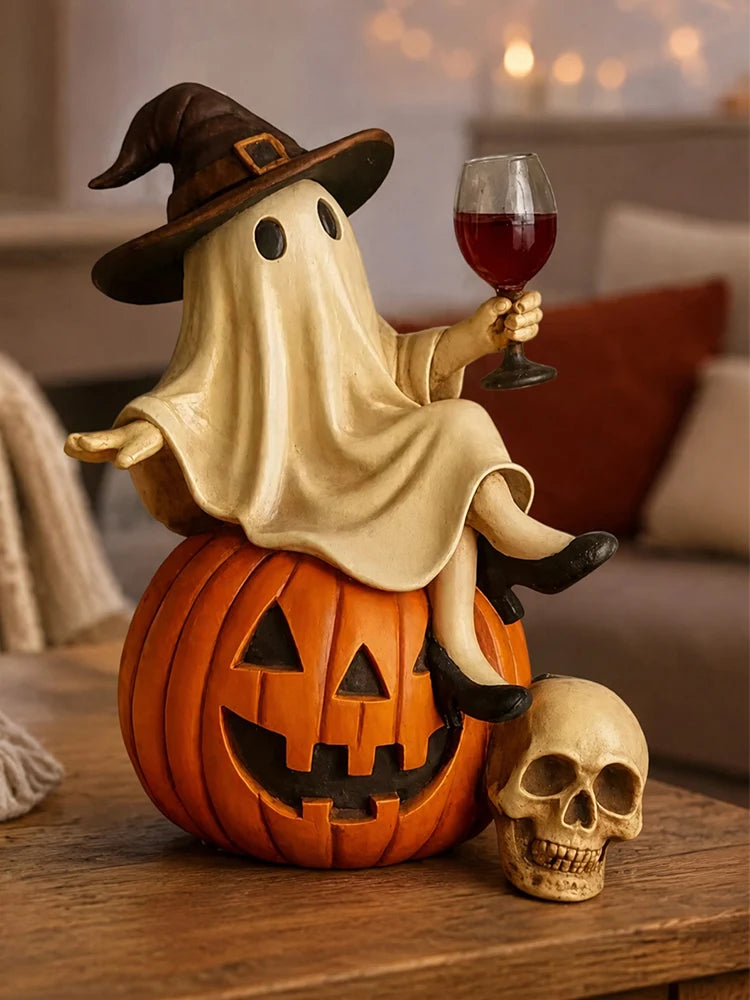Halloween Ghost Figurine Witch Hat High Heels Wine Glass Pumpkin Skull Resin Statue Home Decor