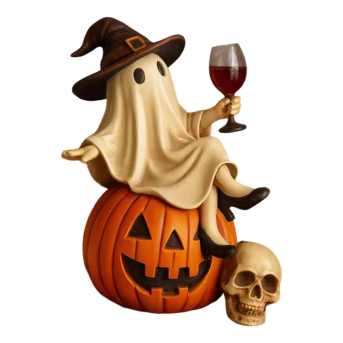 Halloween Ghost Figurine Witch Hat High Heels Wine Glass Pumpkin Skull Resin Statue Home Decor
