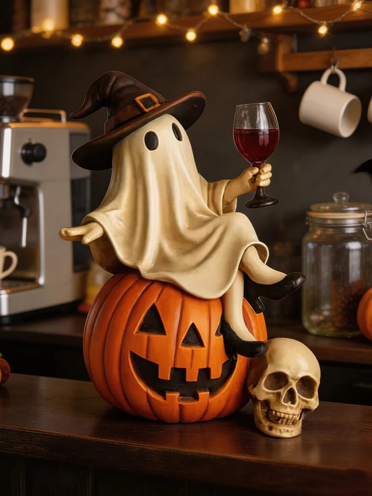Halloween Ghost Figurine Witch Hat High Heels Wine Glass Pumpkin Skull Resin Statue Home Decor