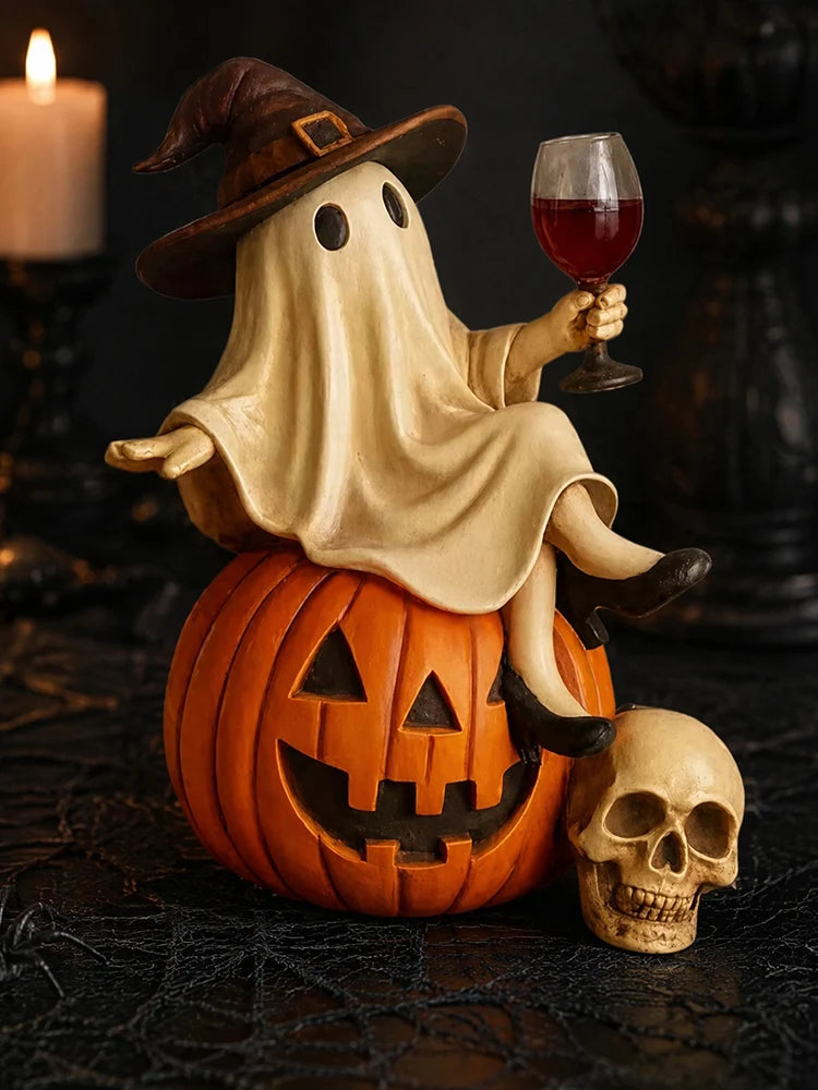 Halloween Ghost Figurine Witch Hat High Heels Wine Glass Pumpkin Skull Resin Statue Home Decor