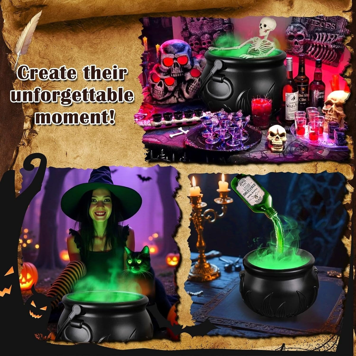Halloween Witch Cauldron Decor with Floating Potion Bottle